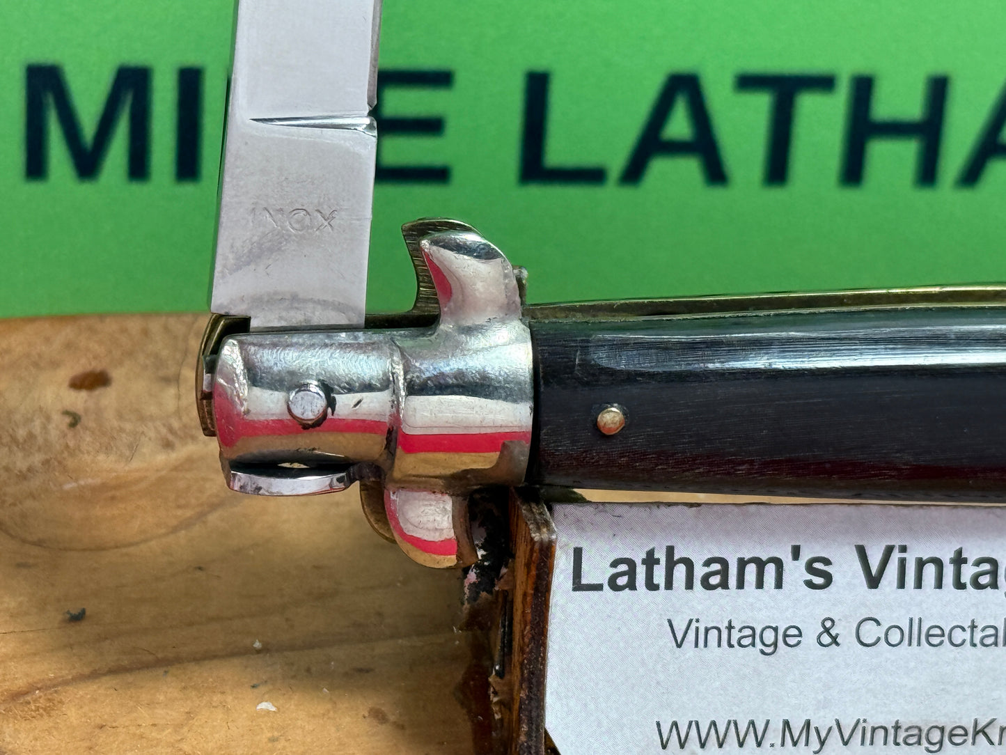 TARRY LEVIGNE IMPORT INOX LIZARD ITALY 1964-68 TRANSITIONAL SWIVEL BOLSTER STILETTO 16 CM ITALIAN AUTOMATIC KNIFE BUFFALO HORN HANDLES