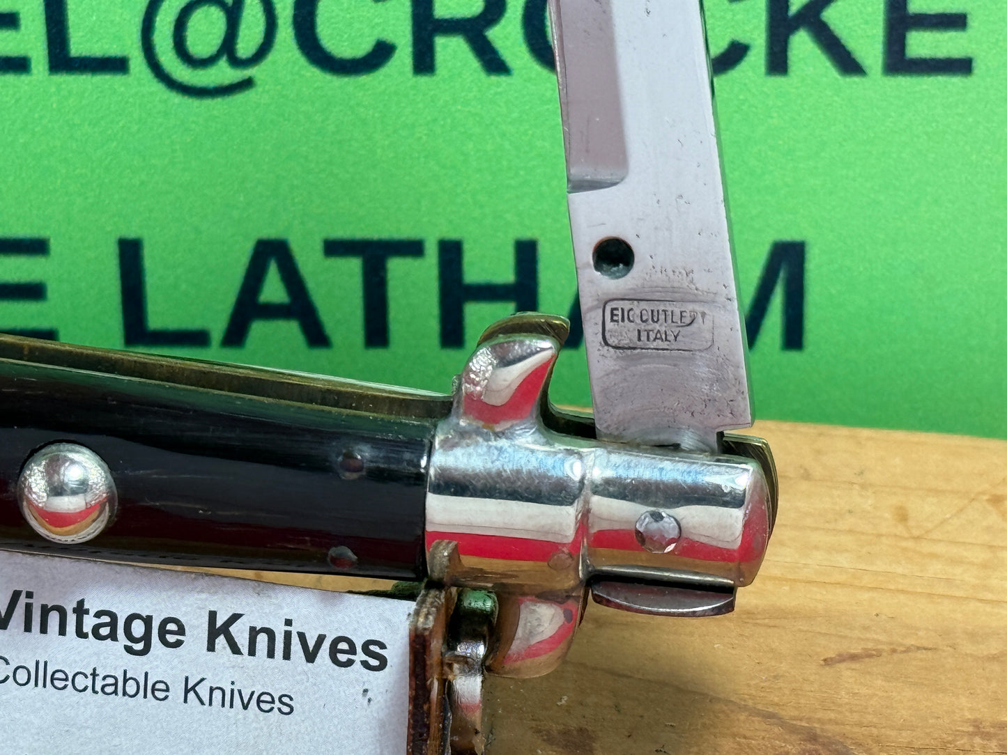 EIG CUTLERY ITALY IN BOX 1950-56 PICK LOCK STILETTO 18 CM ITALIAN AUTOMATIC KNIFE BUFFALO HORN HANDLES