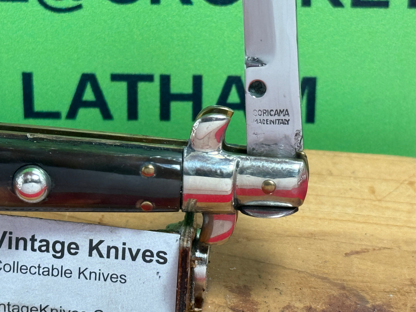CORICAMA MADE IN ITALY 1949-51 PICK LOCK TAB BRACKETS STILETTO 16 CM ITALIAN AUTOMATIC KNIFE BUFFALO HORN HANDLES