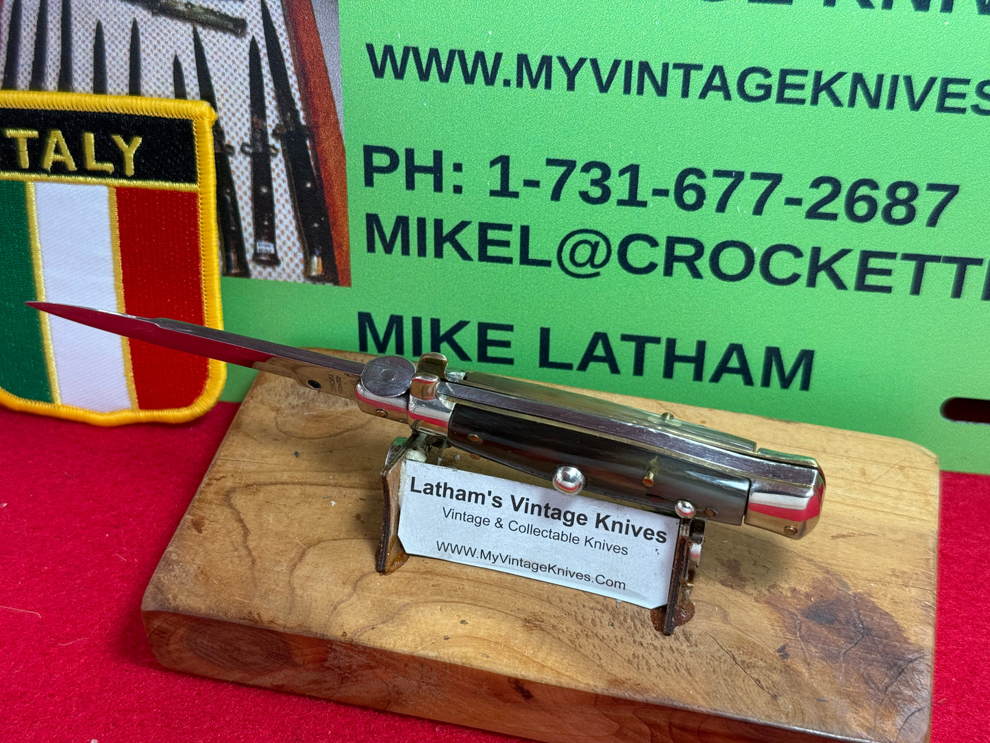CORICAMA MADE IN ITALY 1949-51 PICK LOCK TAB BRACKETS STILETTO 16 CM ITALIAN AUTOMATIC KNIFE BUFFALO HORN HANDLES