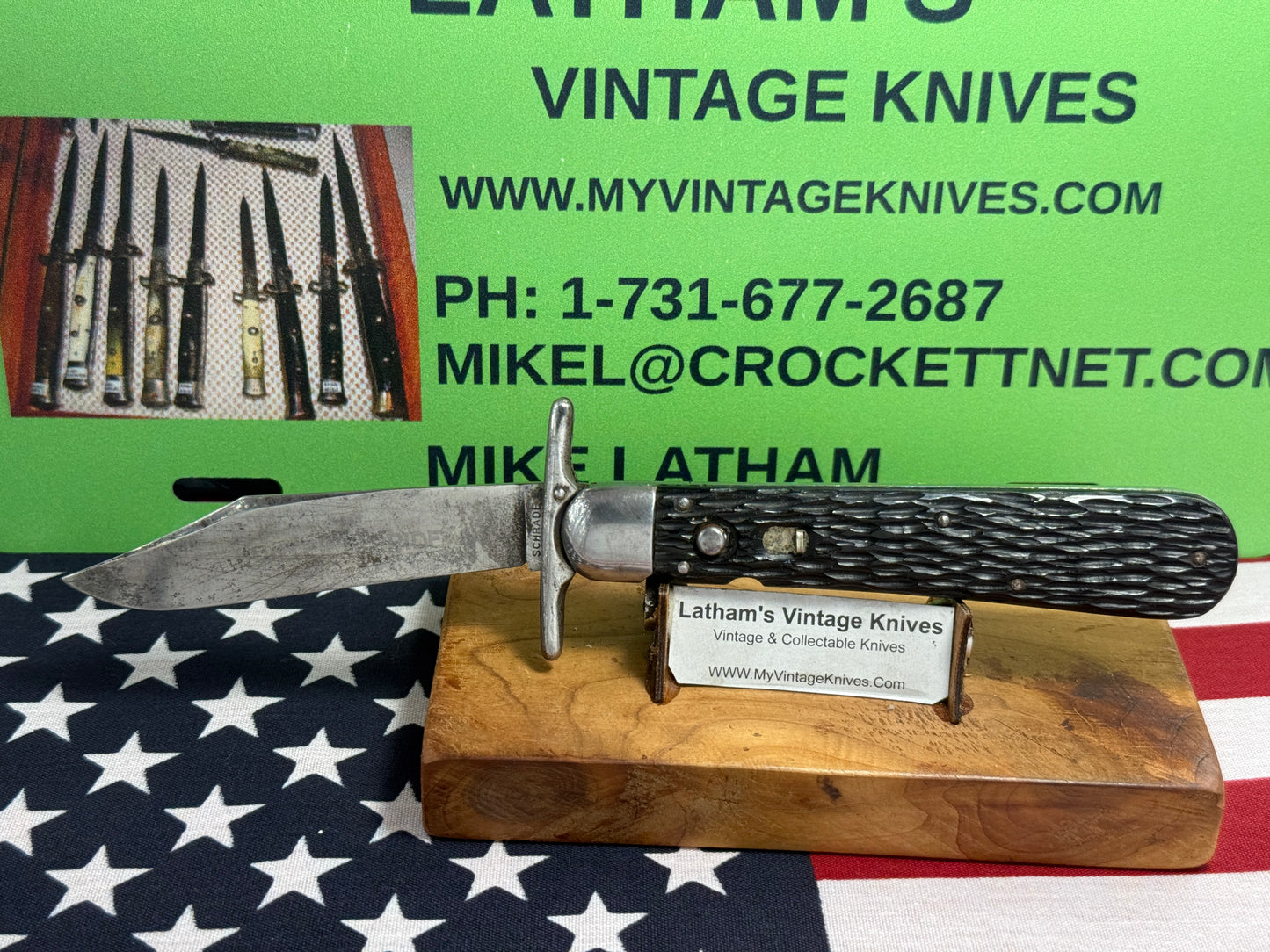 SCHRADE CUT CO. WALDEN N.Y. 1916-46 SWING GUARD HUNTERS PRIDE ETCH VINTAGE AMERICAN AUTOMATIC KNIFE BLACK JIGGED COMPOSITION HANDLES