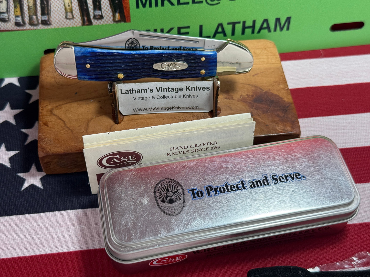 CASE XX USA 4 DOT 2006 61549L SS COPPERLOCK CUSTOM AUTOMATIC KNIFE DOUBLE ACTION AMERICAN AUTOMATIC KNIFE TO PROTECT AND SERVE POLICE SPECIAL EDITION 1 OF 1 BLUE BONE HANDLES