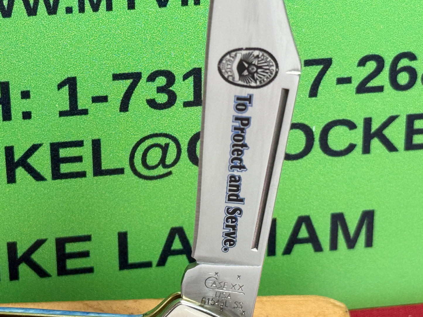 CASE XX USA 4 DOT 2006 61549L SS COPPERLOCK CUSTOM AUTOMATIC KNIFE DOUBLE ACTION AMERICAN AUTOMATIC KNIFE TO PROTECT AND SERVE POLICE SPECIAL EDITION 1 OF 1 BLUE BONE HANDLES