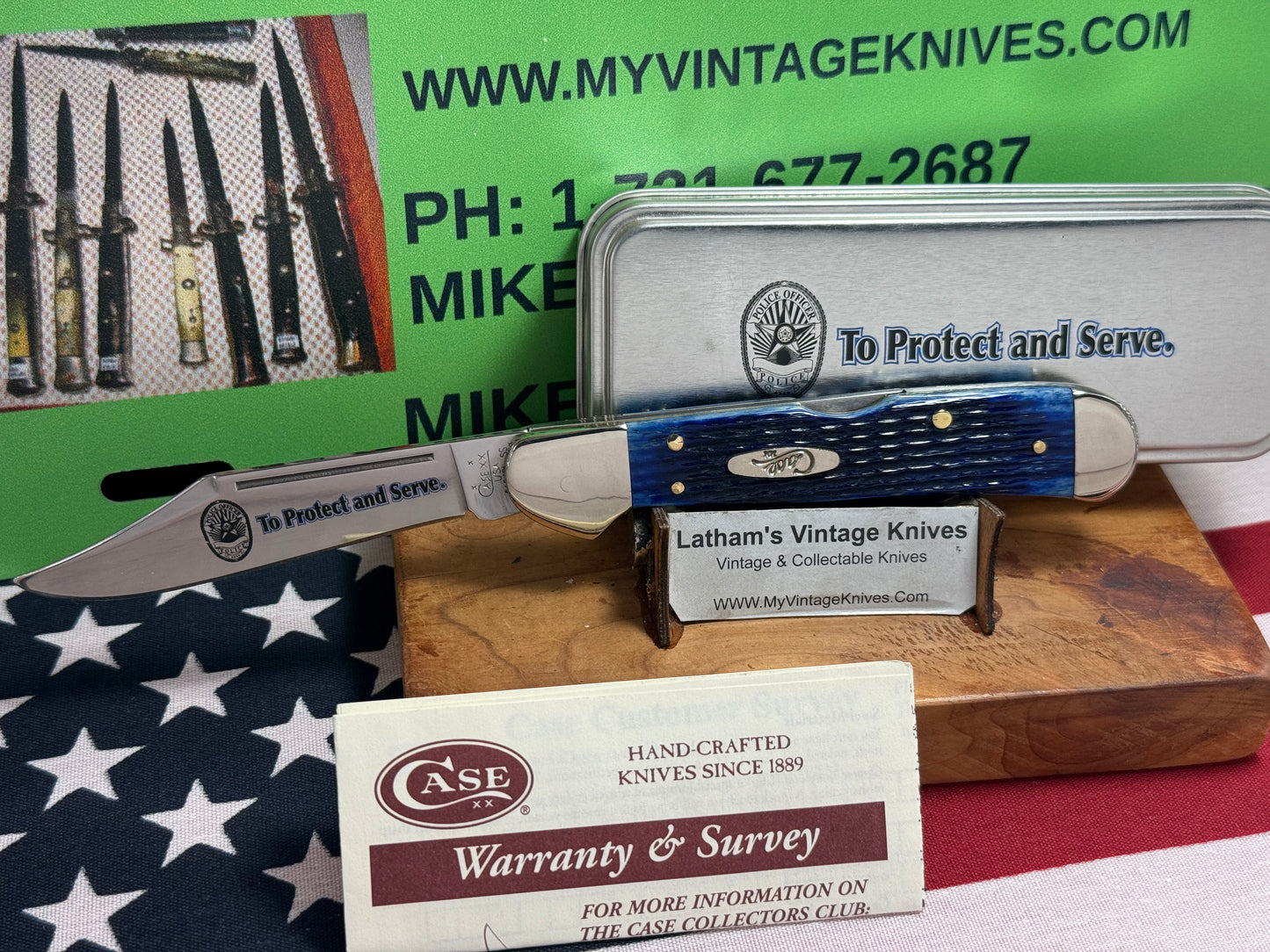 CASE XX USA 4 DOT 2006 61549L SS COPPERLOCK CUSTOM AUTOMATIC KNIFE DOUBLE ACTION AMERICAN AUTOMATIC KNIFE TO PROTECT AND SERVE POLICE SPECIAL EDITION 1 OF 1 BLUE BONE HANDLES