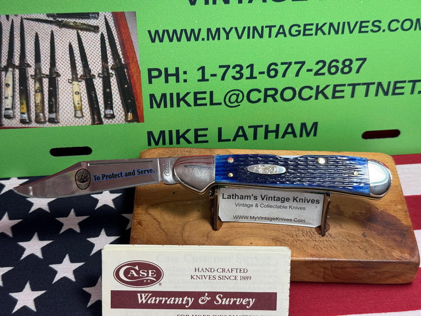 CASE XX USA 4 DOT 2006 61549L SS COPPERLOCK CUSTOM AUTOMATIC KNIFE DOUBLE ACTION AMERICAN AUTOMATIC KNIFE TO PROTECT AND SERVE POLICE SPECIAL EDITION 1 OF 1 BLUE BONE HANDLES