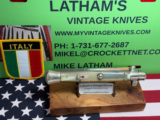 CORICAMA MADE IN ITALY 1950-56 PICK LOCK RED DOT STILETTO 28 CM ITALIAN AUTOMATIC KNIFE BRAZILIAN HORN HANDLES