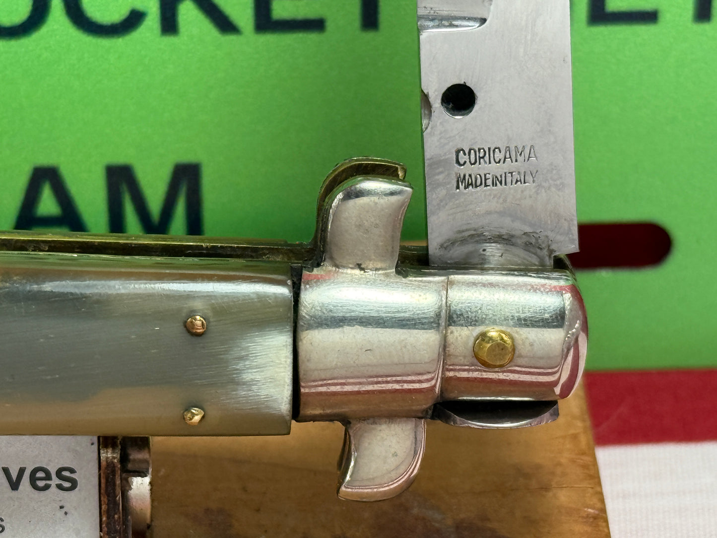 CORICAMA MADE IN ITALY 1950-56 PICK LOCK RED DOT STILETTO 28 CM ITALIAN AUTOMATIC KNIFE BRAZILIAN HORN HANDLES