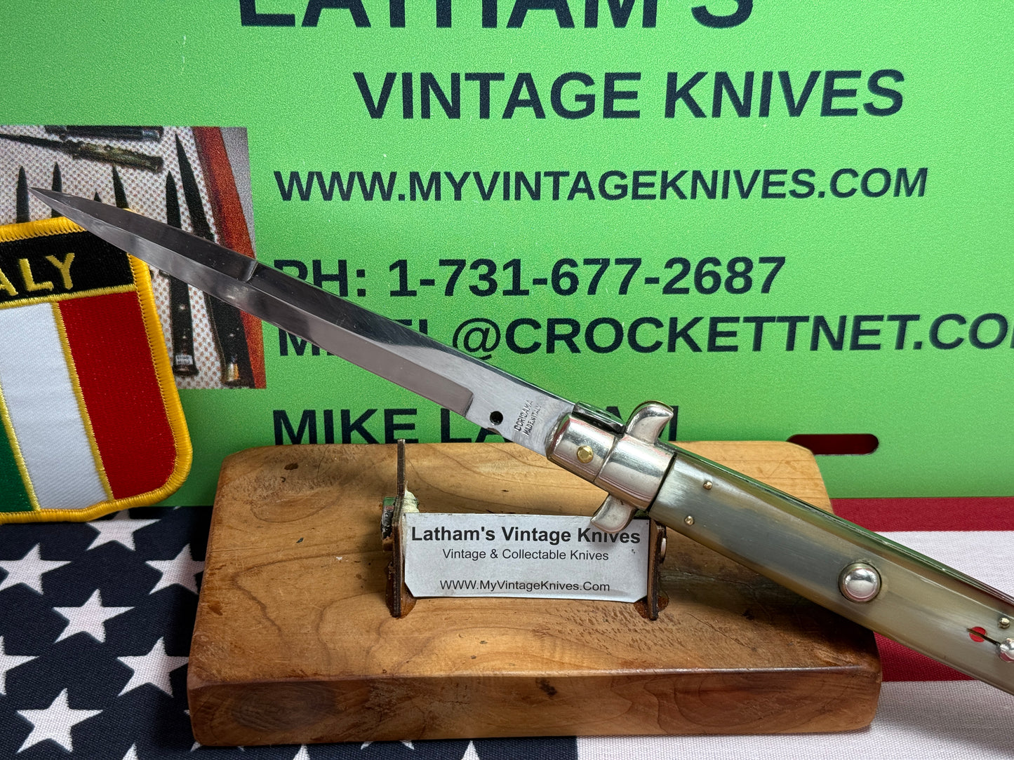 CORICAMA MADE IN ITALY 1950-56 PICK LOCK RED DOT STILETTO 28 CM ITALIAN AUTOMATIC KNIFE BRAZILIAN HORN HANDLES