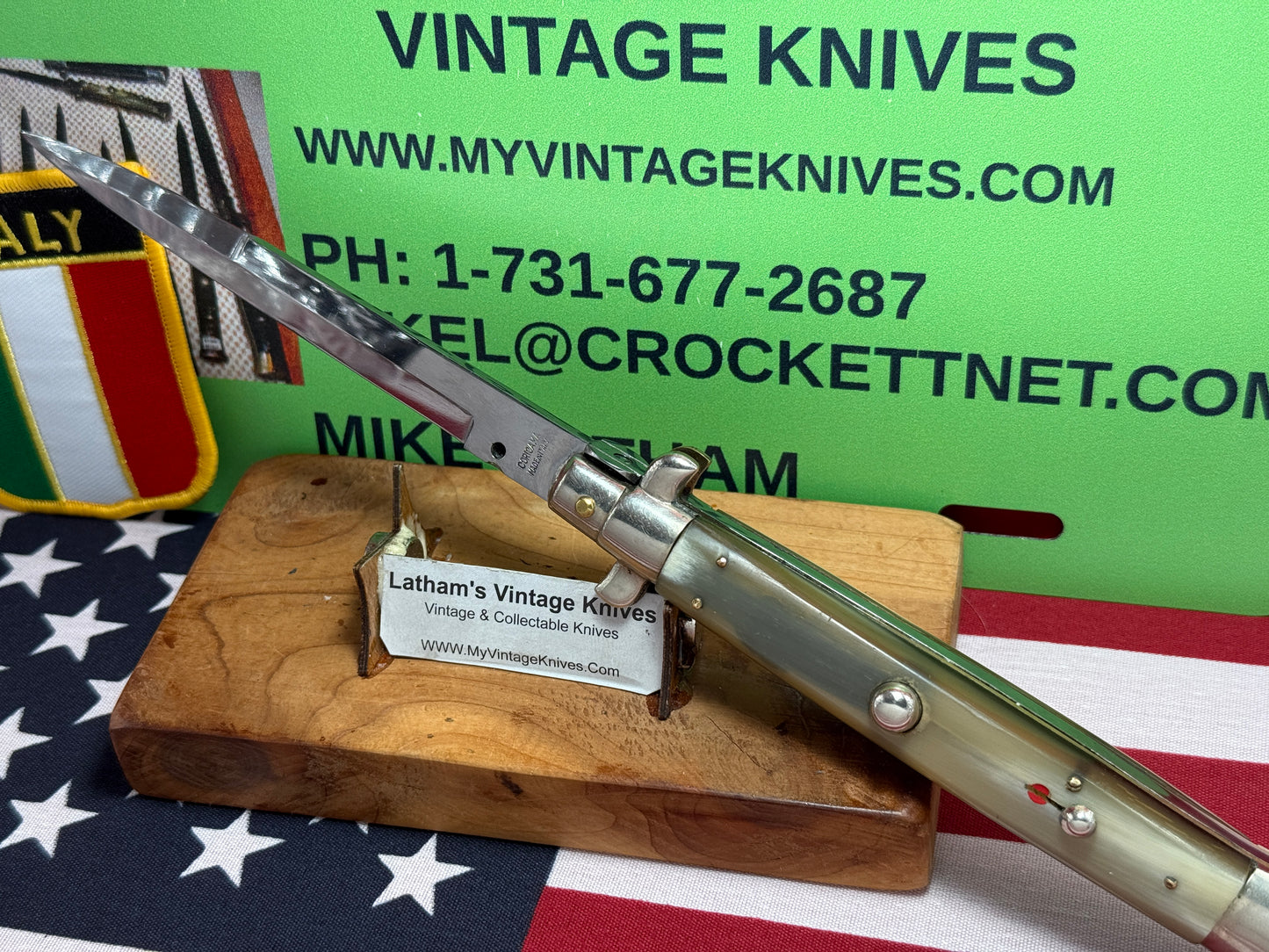 CORICAMA MADE IN ITALY 1950-56 PICK LOCK RED DOT STILETTO 28 CM ITALIAN AUTOMATIC KNIFE BRAZILIAN HORN HANDLES