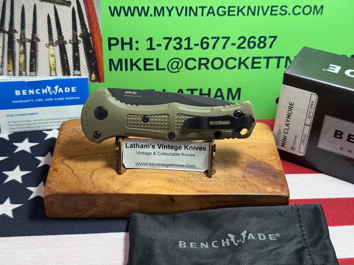 BENCHMADE USA 2025 MINI CLAYMORE AUTO 9570BK-1 TACTICAL AUTOMATIC KNIFE OLIVE GREEN COMPOSIT HANDLES