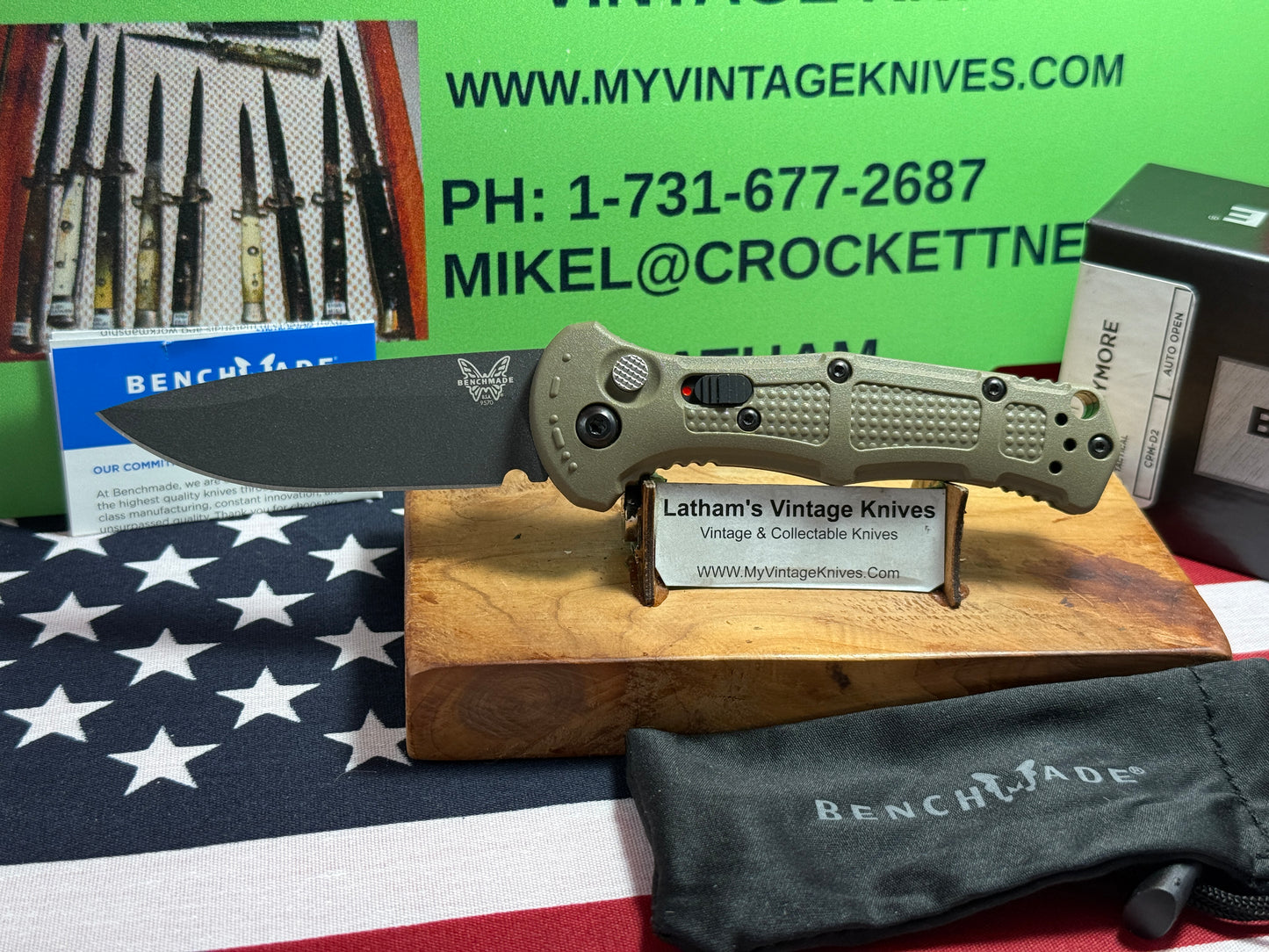 BENCHMADE USA 2025 MINI CLAYMORE AUTO 9570BK-1 TACTICAL AUTOMATIC KNIFE OLIVE GREEN COMPOSIT HANDLES