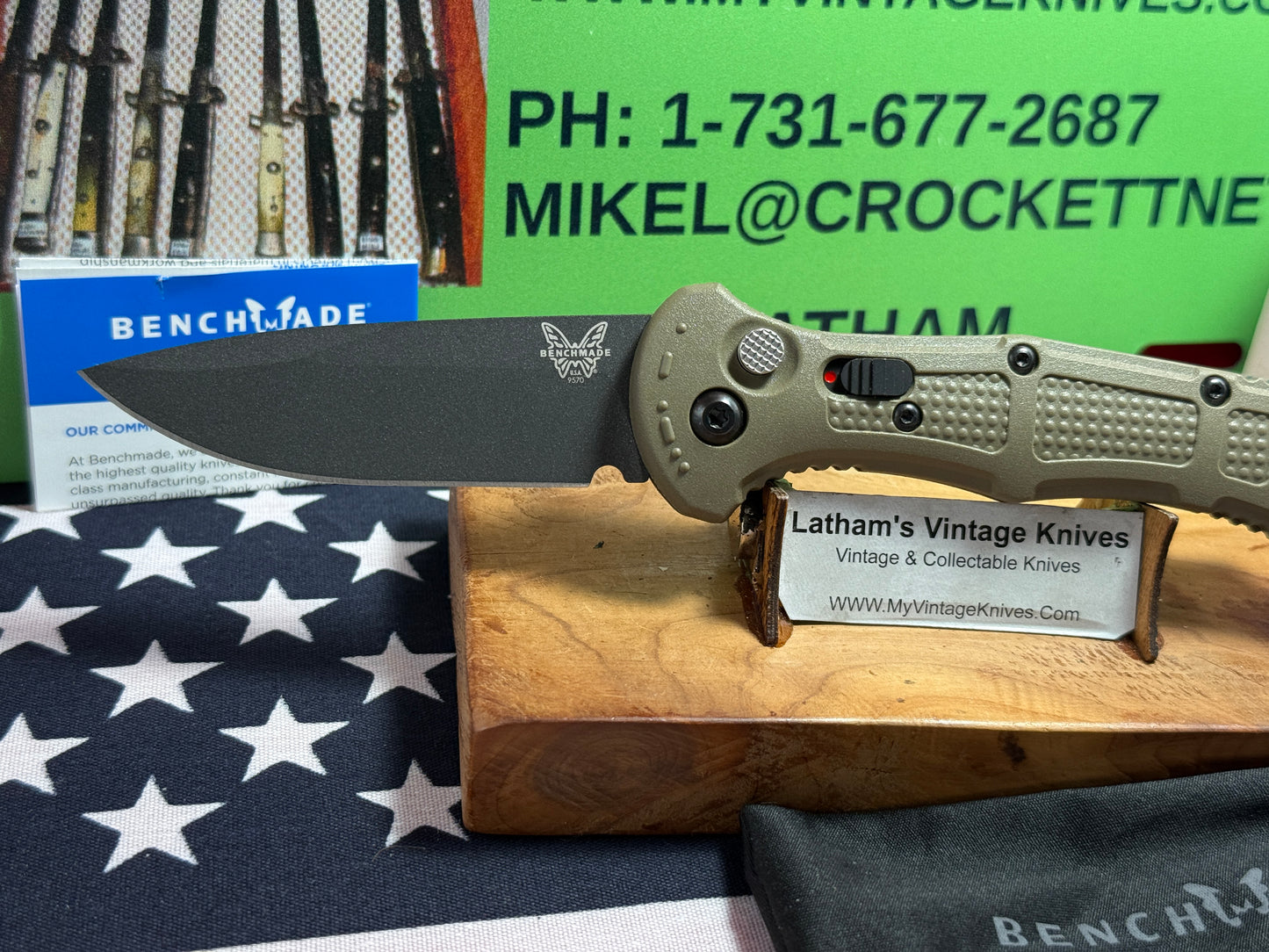 BENCHMADE USA 2025 MINI CLAYMORE AUTO 9570BK-1 TACTICAL AUTOMATIC KNIFE OLIVE GREEN COMPOSIT HANDLES