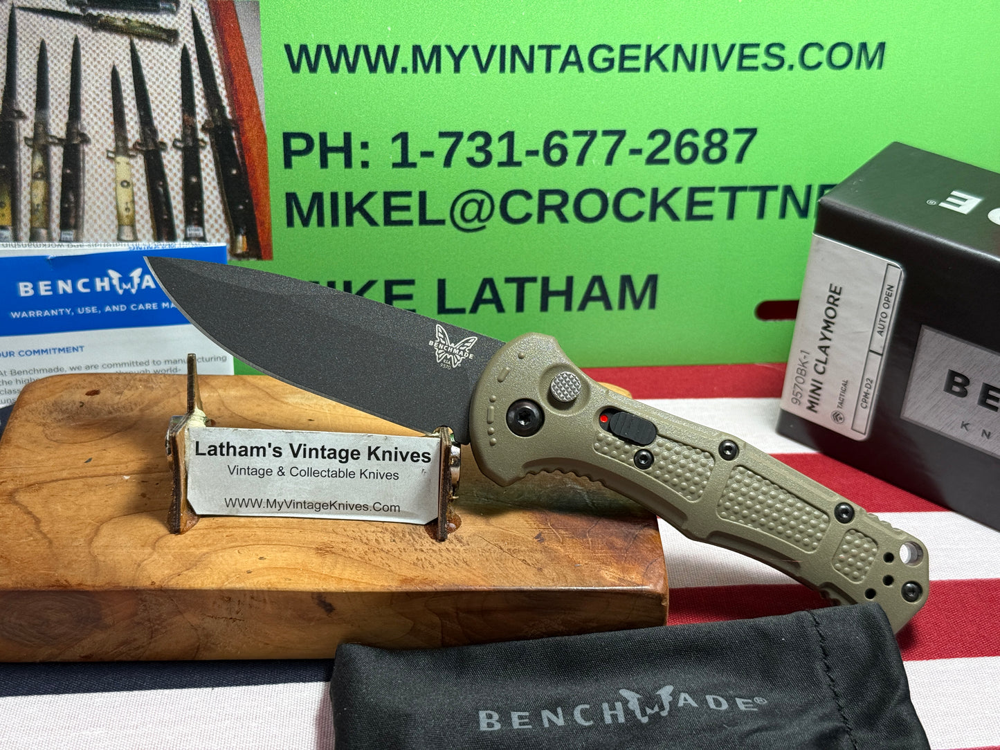 BENCHMADE USA 2025 MINI CLAYMORE AUTO 9570BK-1 TACTICAL AUTOMATIC KNIFE OLIVE GREEN COMPOSIT HANDLES