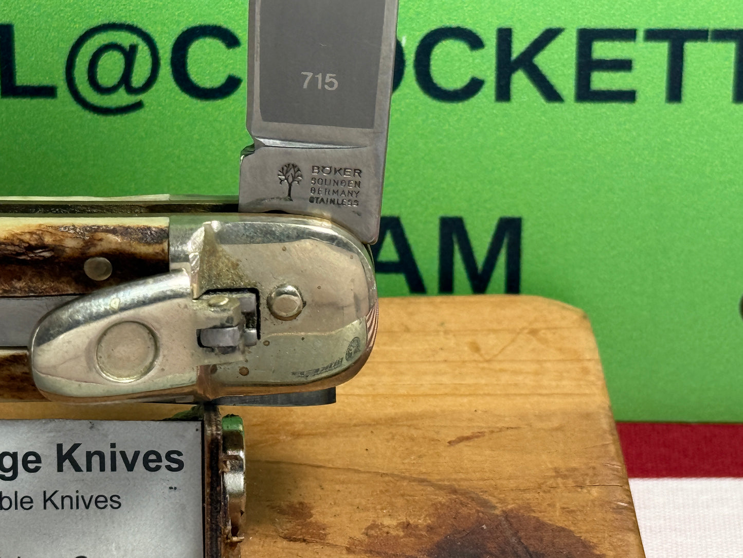 BOKER SOLINGEN GERMANY 1975-80 LEVER AUTOMATIC TREE BRAND CLASSIC 715 GERMAN AUTOMATIC KNIFE STAG HANDLES