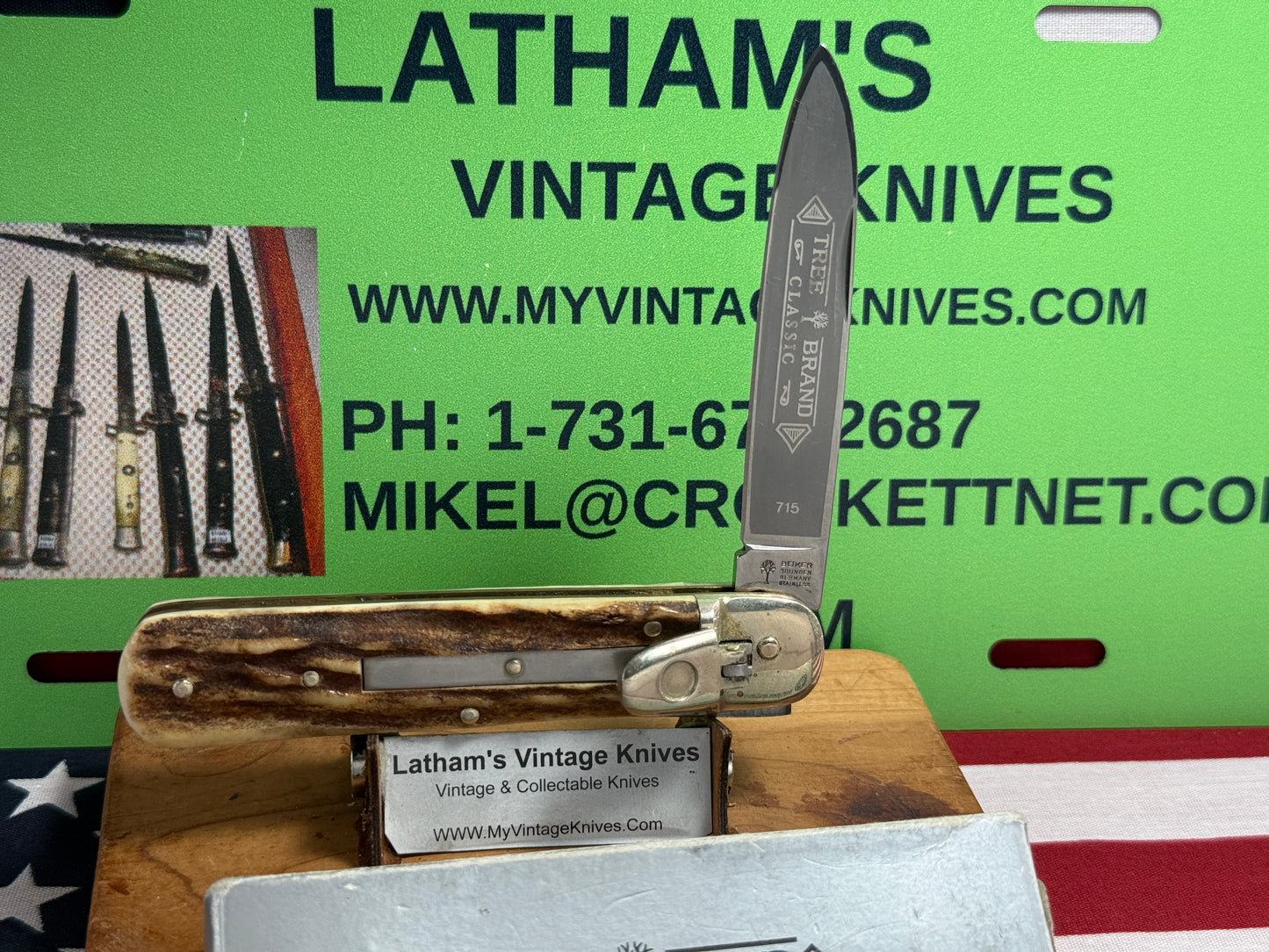 BOKER SOLINGEN GERMANY 1975-80 LEVER AUTOMATIC TREE BRAND CLASSIC 715 GERMAN AUTOMATIC KNIFE STAG HANDLES