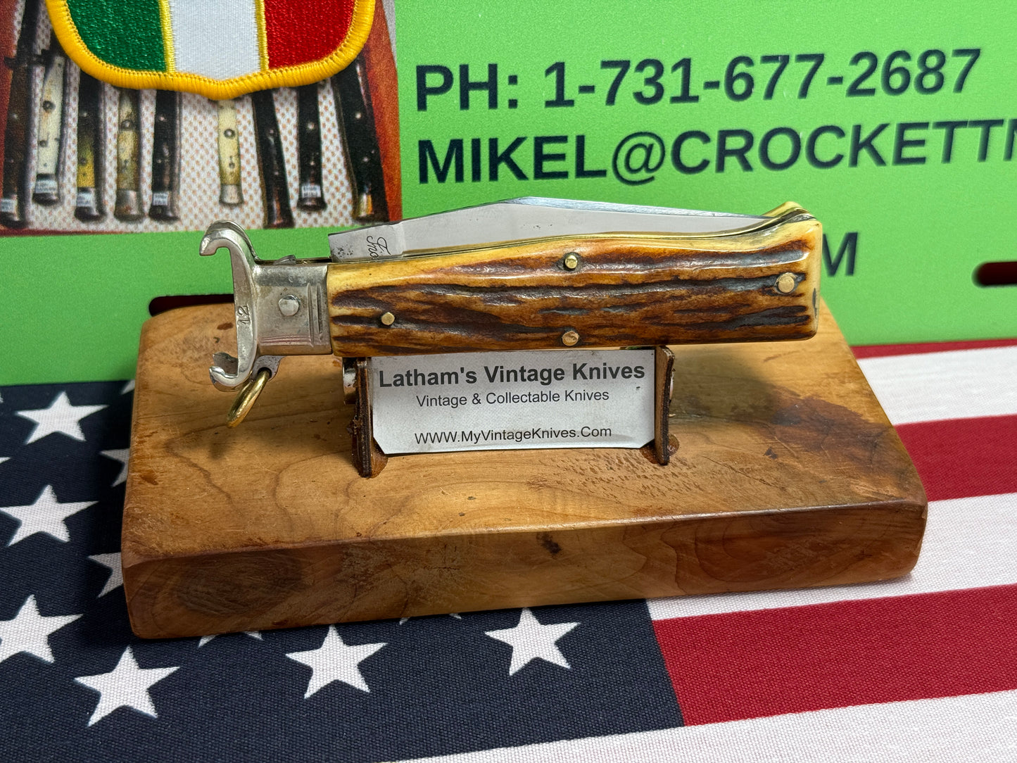LEPRE ITALY INOXIDABLE 1948-52 RING PULL SHELL PULLER OVAL BUTTON ITALIAN AUTOMATIC KNIFE STAG HANDLES