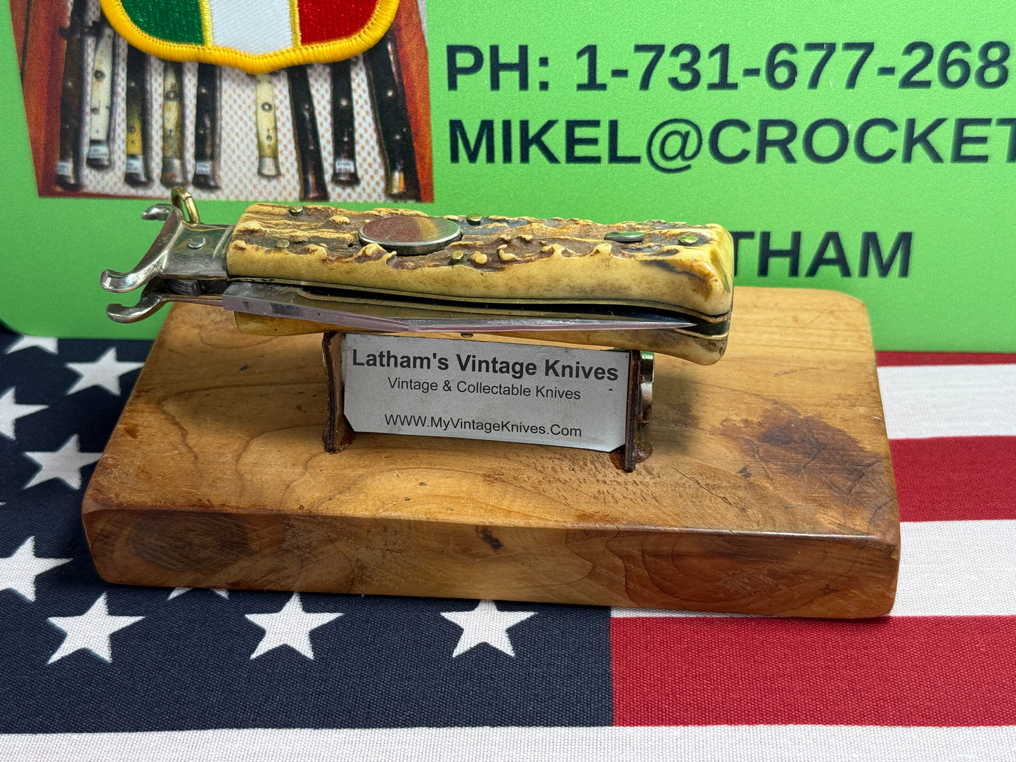 LEPRE ITALY INOXIDABLE 1948-52 RING PULL SHELL PULLER OVAL BUTTON ITALIAN AUTOMATIC KNIFE STAG HANDLES
