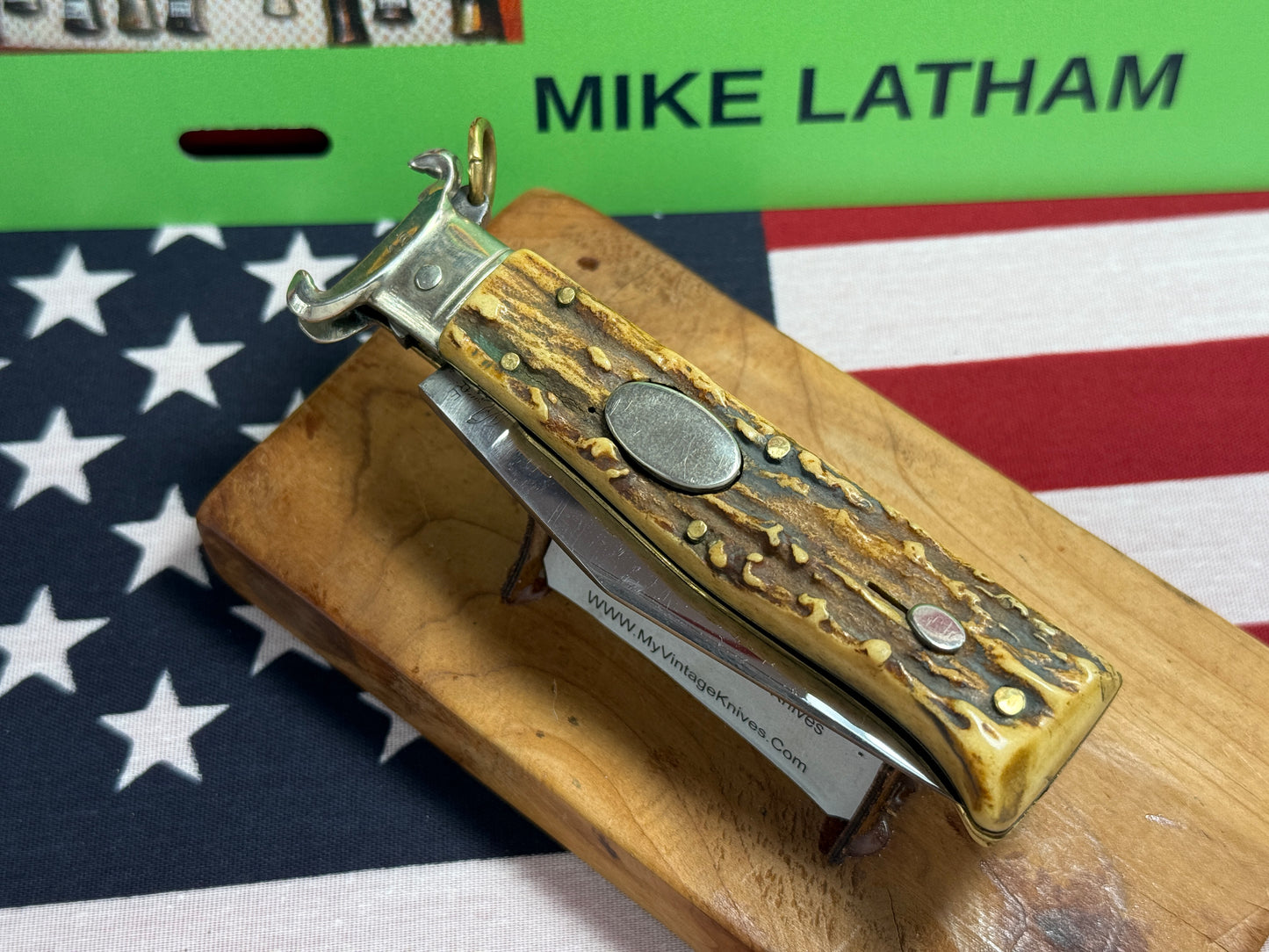 LEPRE ITALY INOXIDABLE 1948-52 RING PULL SHELL PULLER OVAL BUTTON ITALIAN AUTOMATIC KNIFE STAG HANDLES