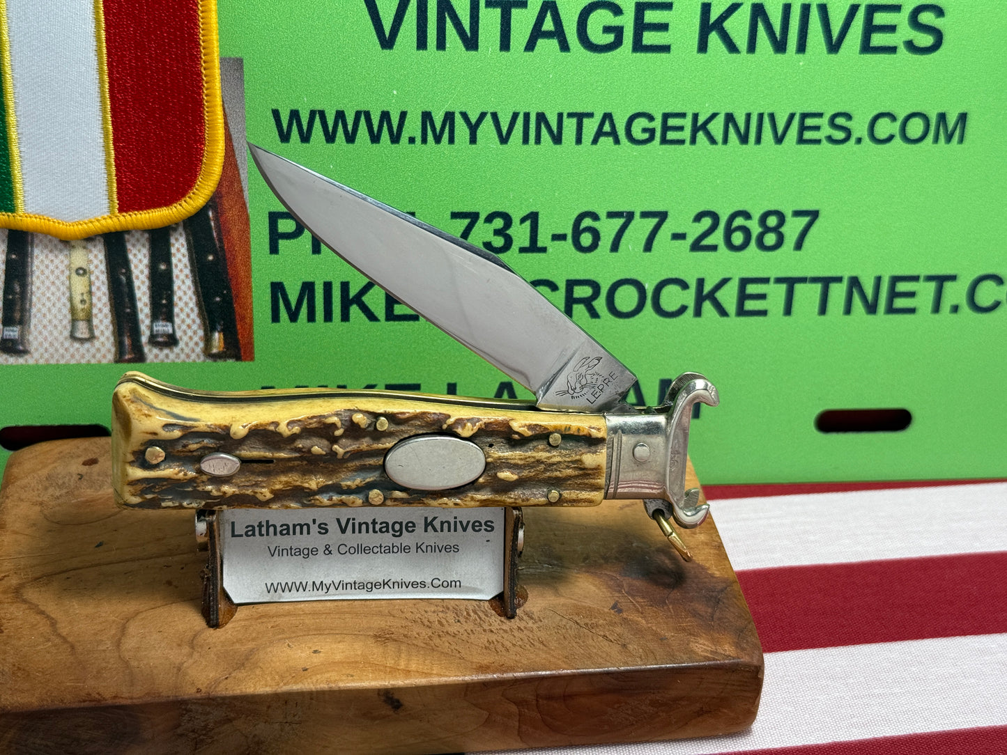 LEPRE ITALY INOXIDABLE 1948-52 RING PULL SHELL PULLER OVAL BUTTON ITALIAN AUTOMATIC KNIFE STAG HANDLES