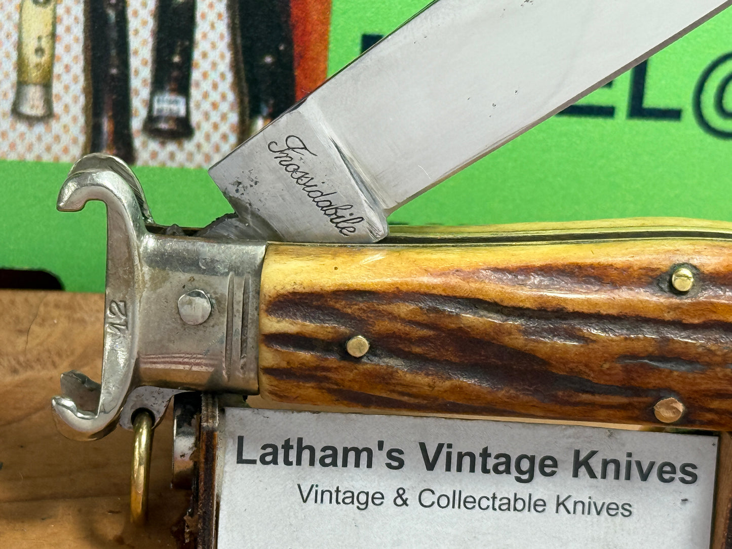 LEPRE ITALY INOXIDABLE 1948-52 RING PULL SHELL PULLER OVAL BUTTON ITALIAN AUTOMATIC KNIFE STAG HANDLES