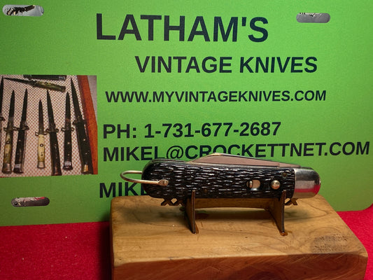 SCHRADE WALDEN NY USA 1950-56 PARATROOPER 4 1/4" VINTAGE AUTOMATIC KNIFE BLACK IMITATION JIGGED BONE HANDLES