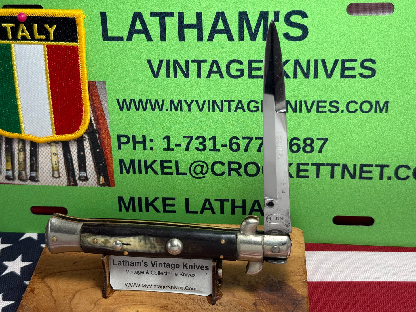 M.I. ITALY IN CIRCLE 1950-58 PICK LOCK STILETTO 23 CM ITALIAN AUTOMATIC KNIFE BUFFALO HORN HANDLES
