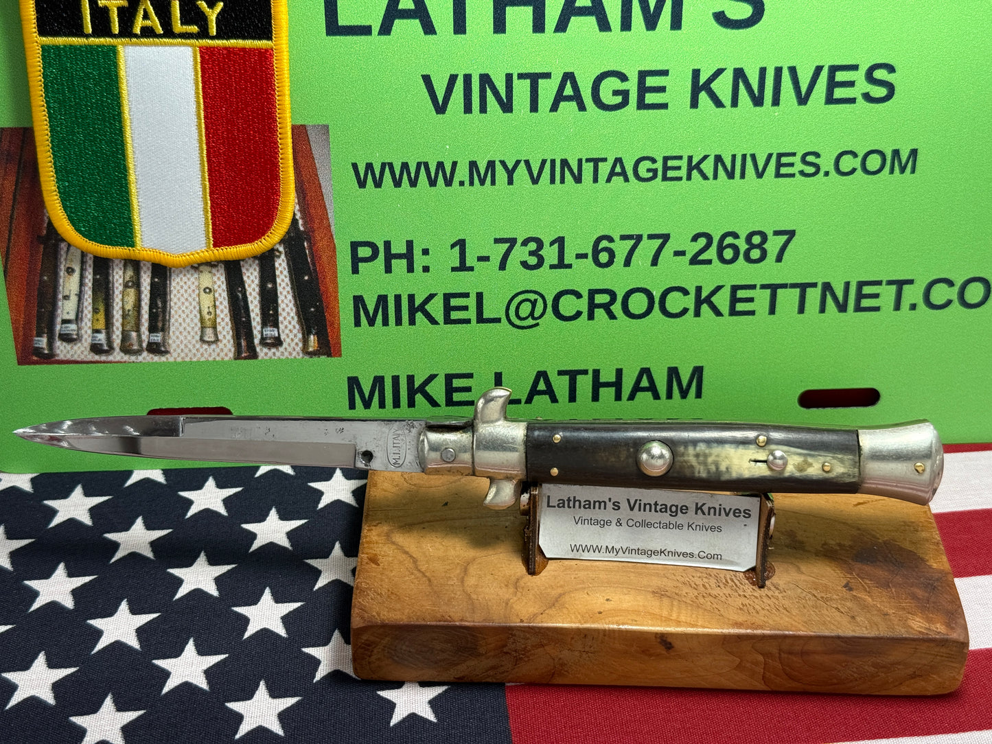 M.I. ITALY IN CIRCLE 1950-58 PICK LOCK STILETTO 23 CM ITALIAN AUTOMATIC KNIFE BUFFALO HORN HANDLES