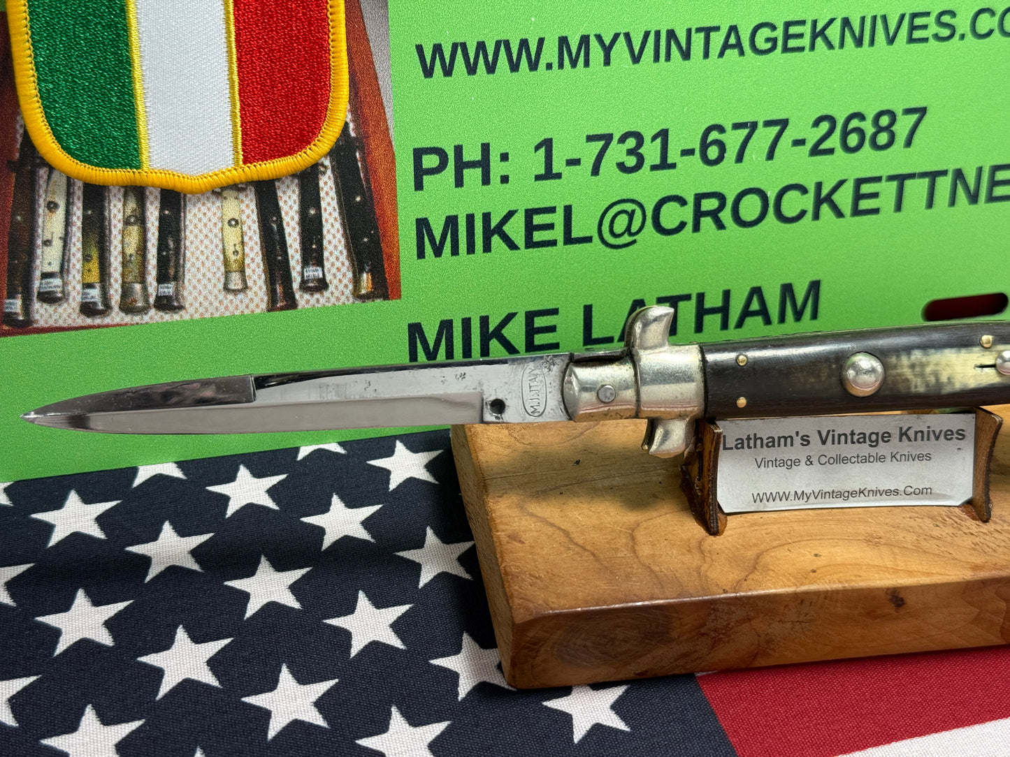 M.I. ITALY IN CIRCLE 1950-58 PICK LOCK STILETTO 23 CM ITALIAN AUTOMATIC KNIFE BUFFALO HORN HANDLES