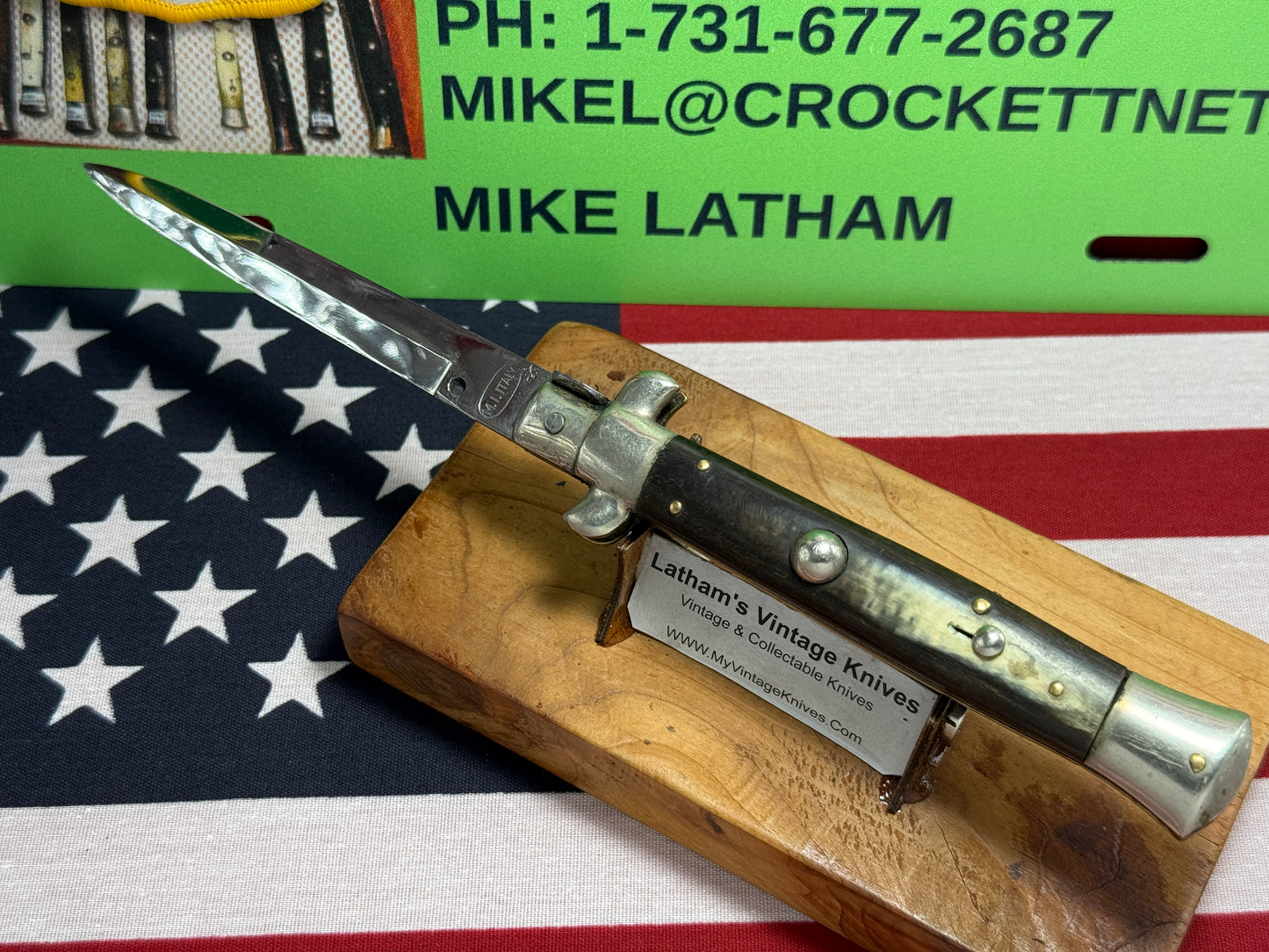 M.I. ITALY IN CIRCLE 1950-58 PICK LOCK STILETTO 23 CM ITALIAN AUTOMATIC KNIFE BUFFALO HORN HANDLES