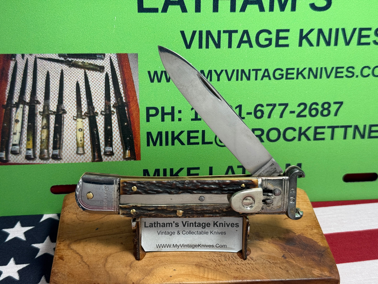 WEILDMANNSHEIL SOLINGEN GERMANY 1955-60 LEVER AUTOMATIC SHELL PULLER SPRINGER GERMAN AUTOMATIC KNIFE STAG HANDLES