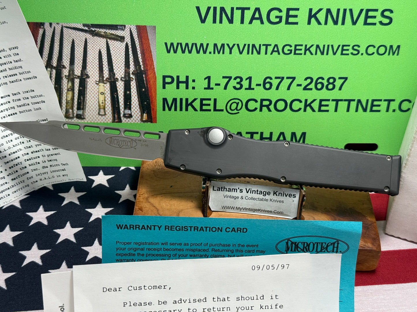 MICROTECH USA 03/1998 HALO II SINGLE ACTION OTF VINTAGE TACTICAL AUTOMATIC KNIFE BLACK METAL HANDLES