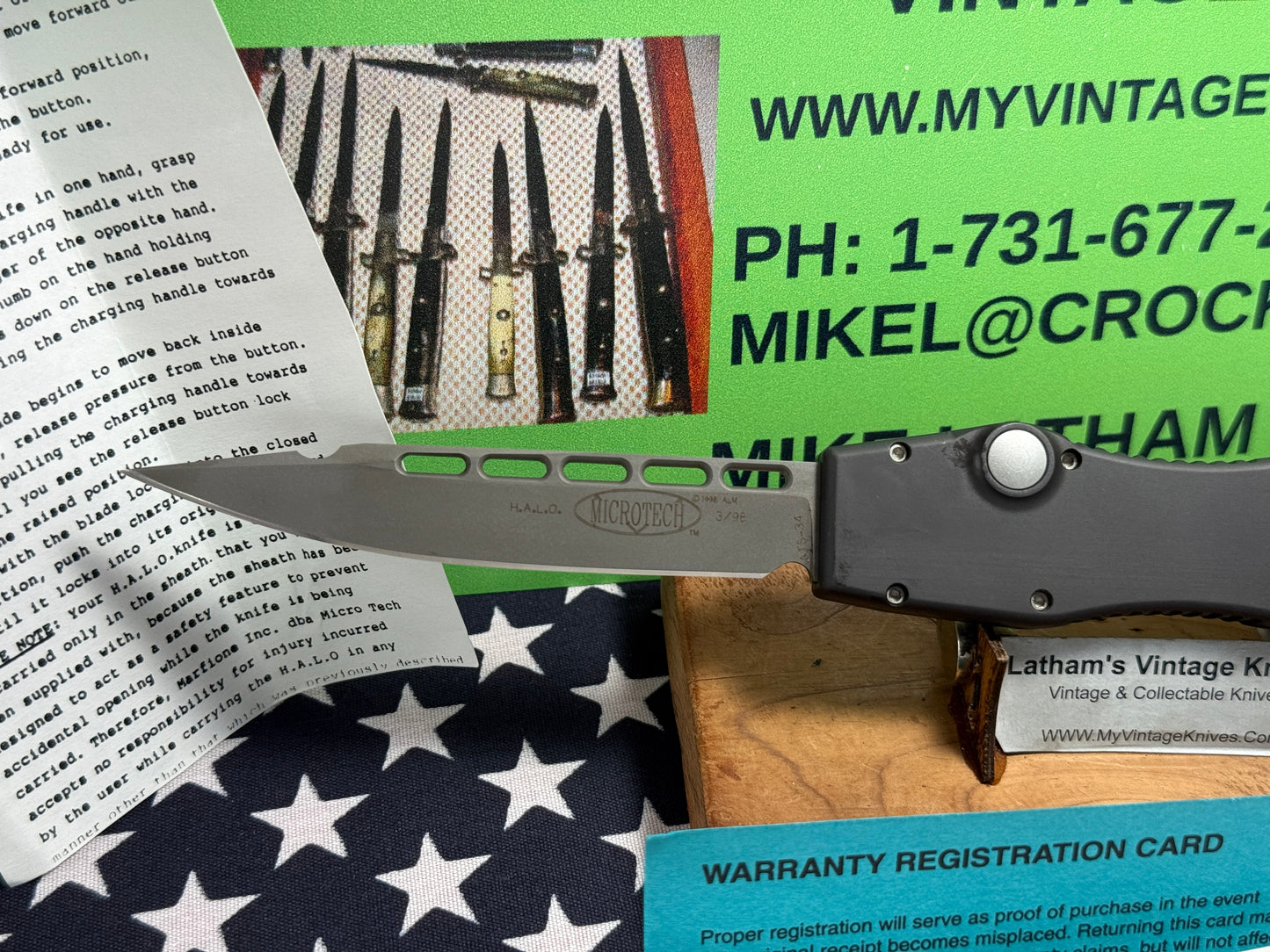 MICROTECH USA 03/1998 HALO II SINGLE ACTION OTF VINTAGE TACTICAL AUTOMATIC KNIFE BLACK METAL HANDLES