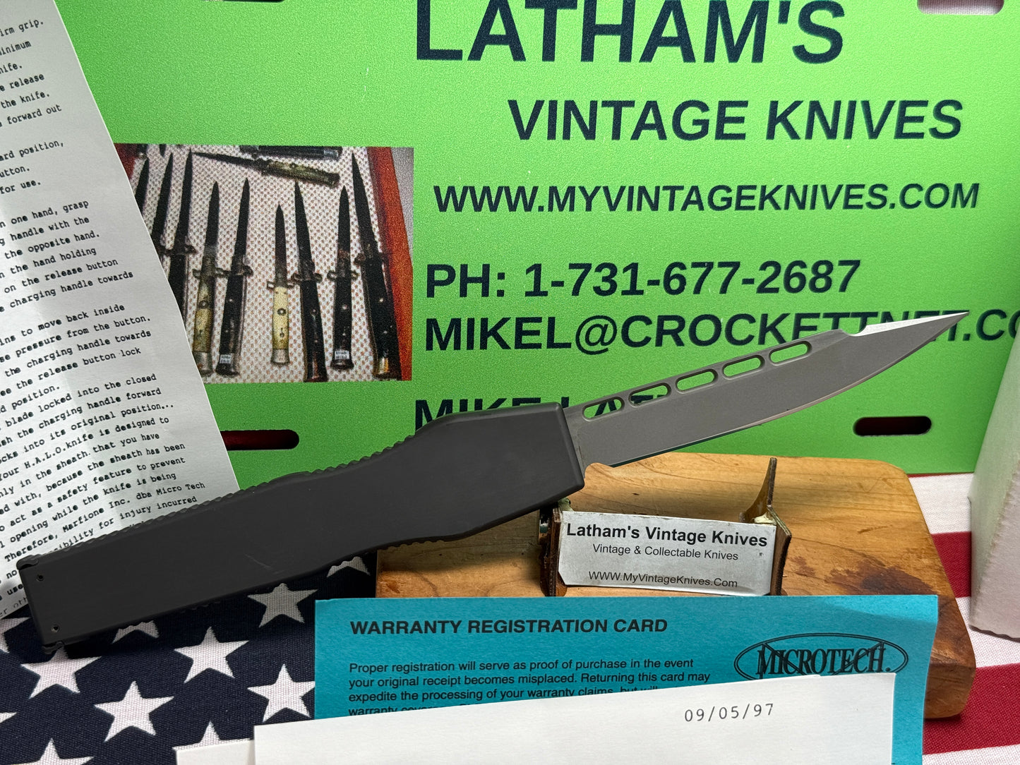 MICROTECH USA 03/1998 HALO II SINGLE ACTION OTF VINTAGE TACTICAL AUTOMATIC KNIFE BLACK METAL HANDLES