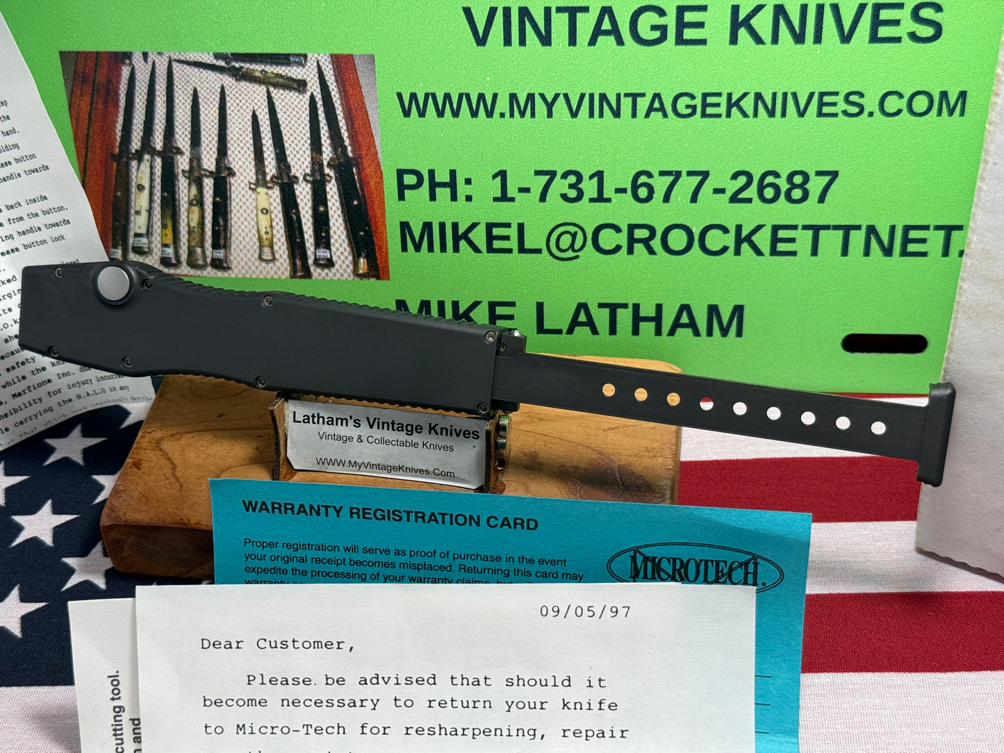 MICROTECH USA 03/1998 HALO II SINGLE ACTION OTF VINTAGE TACTICAL AUTOMATIC KNIFE BLACK METAL HANDLES