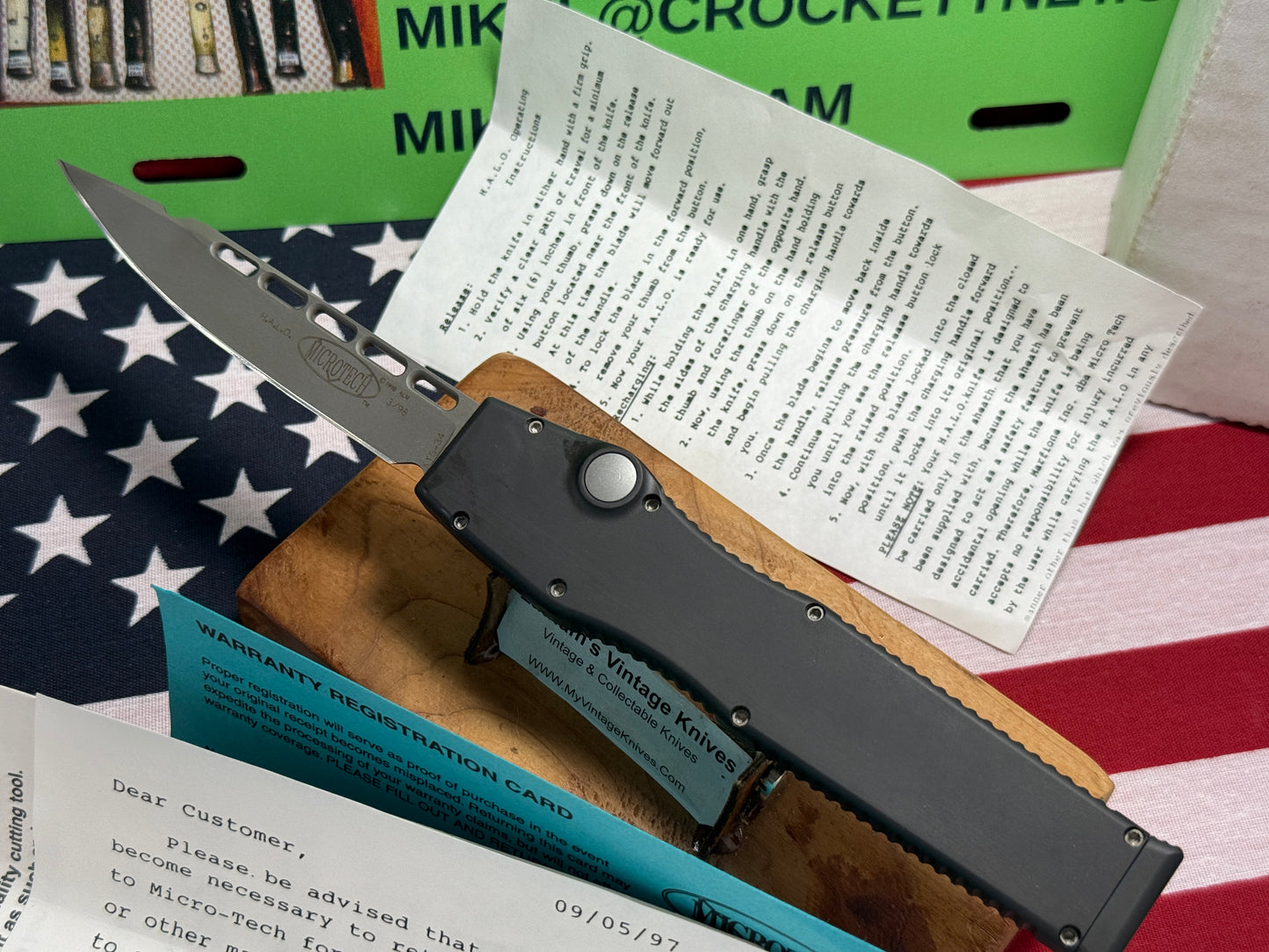 MICROTECH USA 03/1998 HALO II SINGLE ACTION OTF VINTAGE TACTICAL AUTOMATIC KNIFE BLACK METAL HANDLES