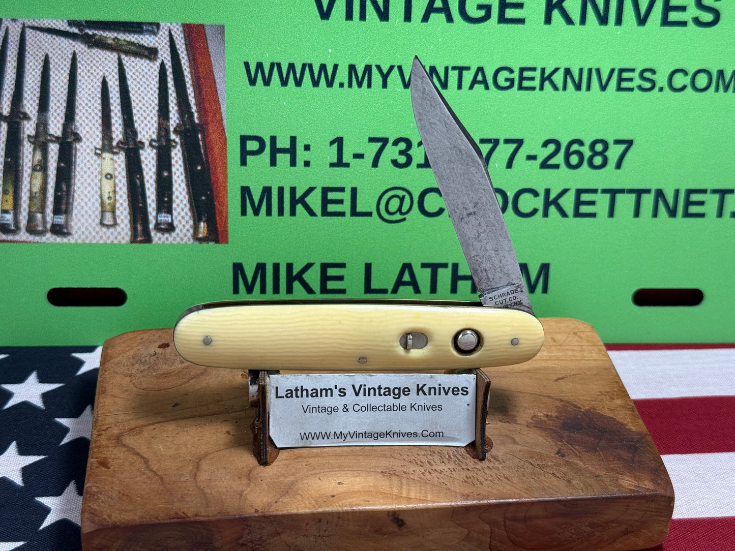 SCHRADE CUT CO. WALDEN N.Y. 1916-1946 SINGLE BLADE 3 3/4" CIGAR STYLE VINTAGE AMERICAN AUTOMATIC KNIFE IMITATION IVORY HANDLES