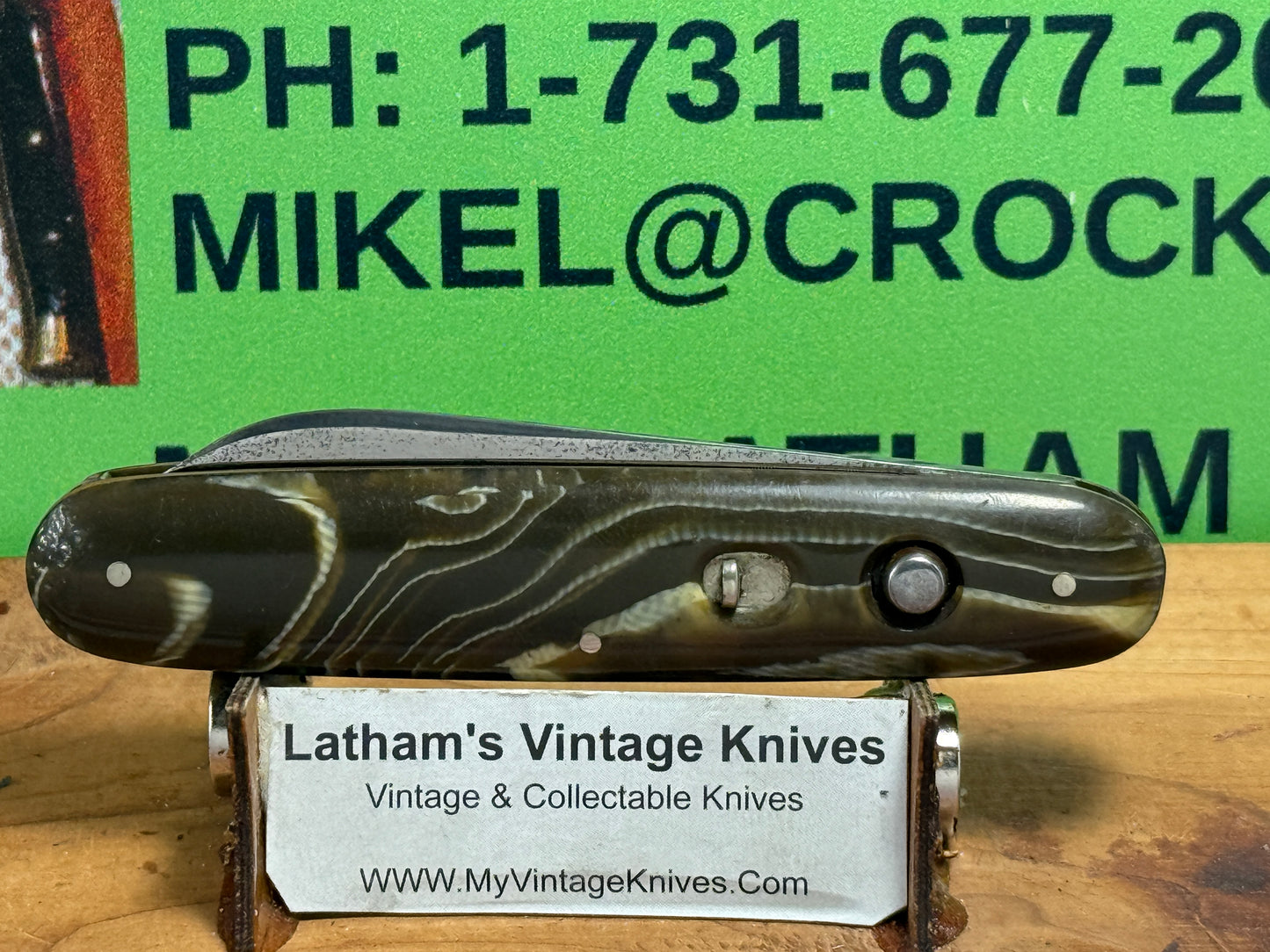 SCHRADE CUT CO. WALDEN N.Y. 1907-1910 EARLY CIGAR STYLE SINGLE BLADE 3 3/4" VINTAGE AMERICAN AUTOMATIC KNIFE GREEN SWIRL COMPOSITION HANDLES