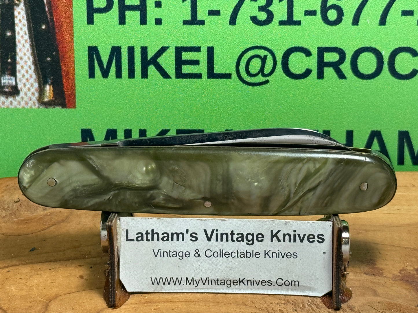 SCHRADE CUT CO. WALDEN N.Y. 1907-1910 EARLY CIGAR STYLE SINGLE BLADE 3 3/4" VINTAGE AMERICAN AUTOMATIC KNIFE GREEN SWIRL COMPOSITION HANDLES