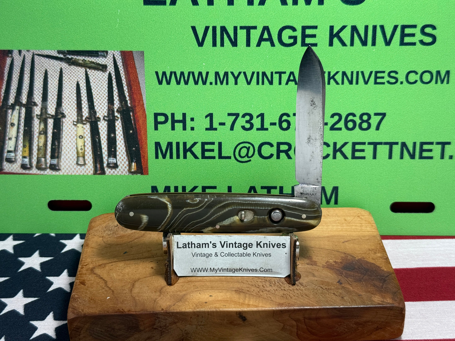 SCHRADE CUT CO. WALDEN N.Y. 1907-1910 EARLY CIGAR STYLE SINGLE BLADE 3 3/4" VINTAGE AMERICAN AUTOMATIC KNIFE GREEN SWIRL COMPOSITION HANDLES