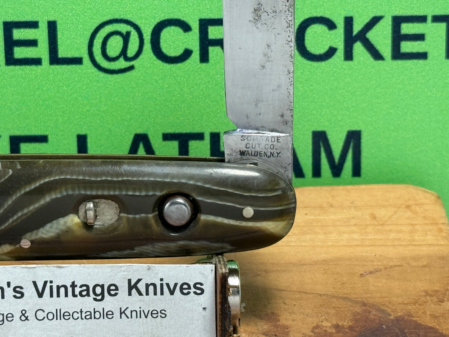 SCHRADE CUT CO. WALDEN N.Y. 1907-1910 EARLY CIGAR STYLE SINGLE BLADE 3 3/4" VINTAGE AMERICAN AUTOMATIC KNIFE GREEN SWIRL COMPOSITION HANDLES