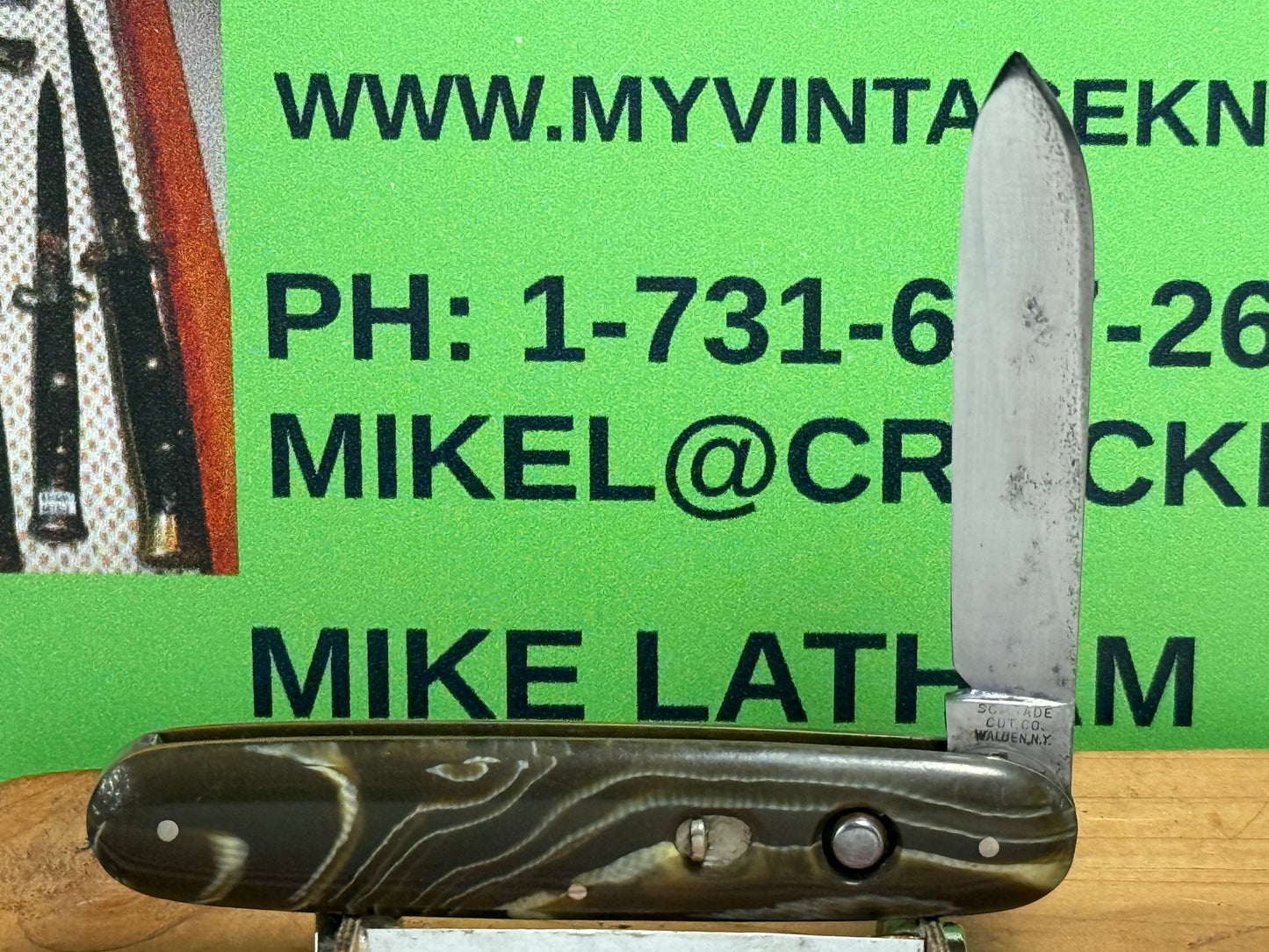 SCHRADE CUT CO. WALDEN N.Y. 1907-1910 EARLY CIGAR STYLE SINGLE BLADE 3 3/4" VINTAGE AMERICAN AUTOMATIC KNIFE GREEN SWIRL COMPOSITION HANDLES