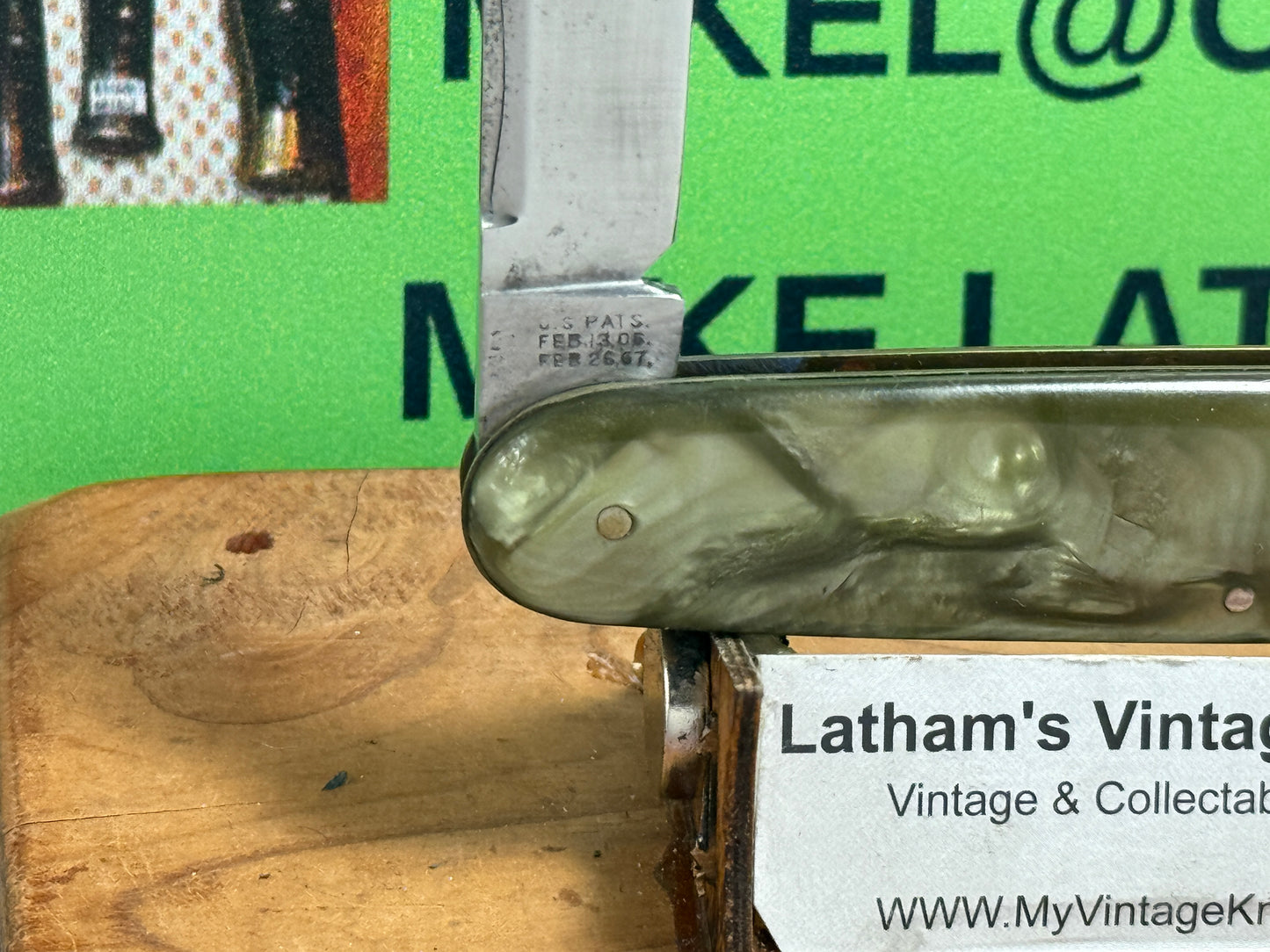 SCHRADE CUT CO. WALDEN N.Y. 1907-1910 EARLY CIGAR STYLE SINGLE BLADE 3 3/4" VINTAGE AMERICAN AUTOMATIC KNIFE GREEN SWIRL COMPOSITION HANDLES