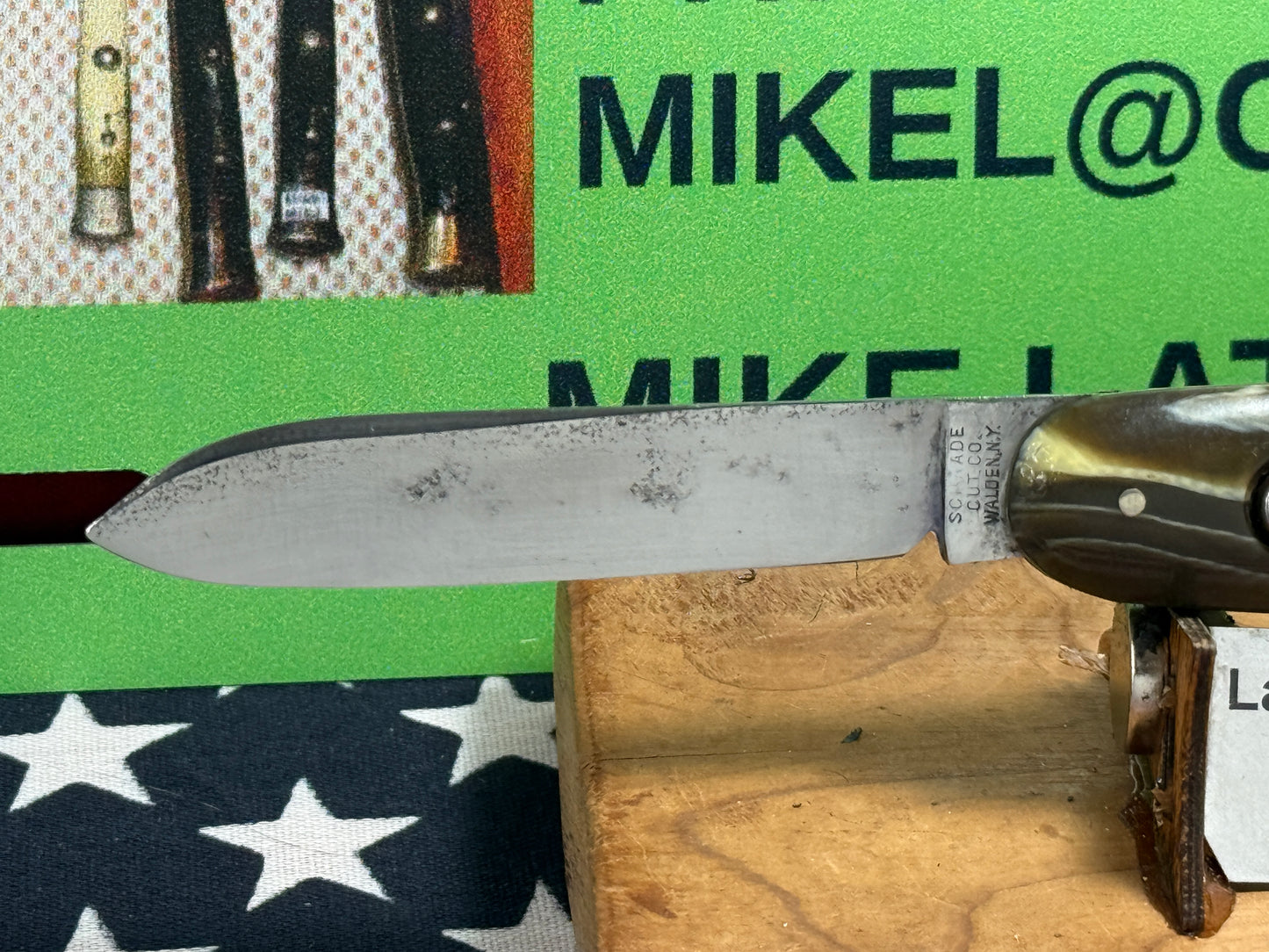 SCHRADE CUT CO. WALDEN N.Y. 1907-1910 EARLY CIGAR STYLE SINGLE BLADE 3 3/4" VINTAGE AMERICAN AUTOMATIC KNIFE GREEN SWIRL COMPOSITION HANDLES