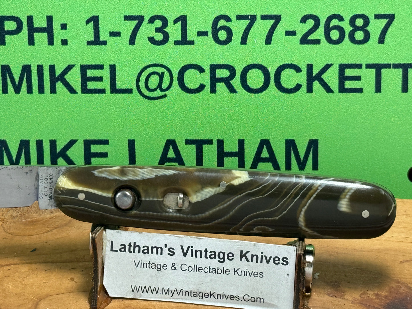 SCHRADE CUT CO. WALDEN N.Y. 1907-1910 EARLY CIGAR STYLE SINGLE BLADE 3 3/4" VINTAGE AMERICAN AUTOMATIC KNIFE GREEN SWIRL COMPOSITION HANDLES