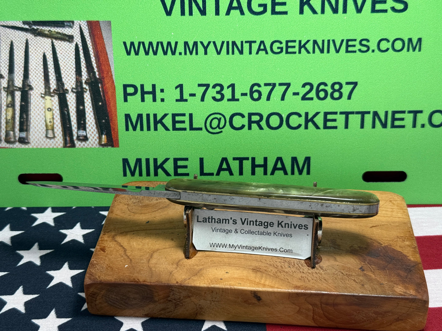 SCHRADE CUT CO. WALDEN N.Y. 1907-1910 EARLY CIGAR STYLE SINGLE BLADE 3 3/4" VINTAGE AMERICAN AUTOMATIC KNIFE GREEN SWIRL COMPOSITION HANDLES