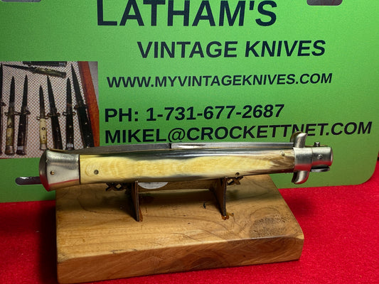 ROMO ITALY 1955-60 HUMP BACK LOCK 33 CM STILETTO MANUAL OPEN KNIFE BRAZILIAN HORN HANDLES