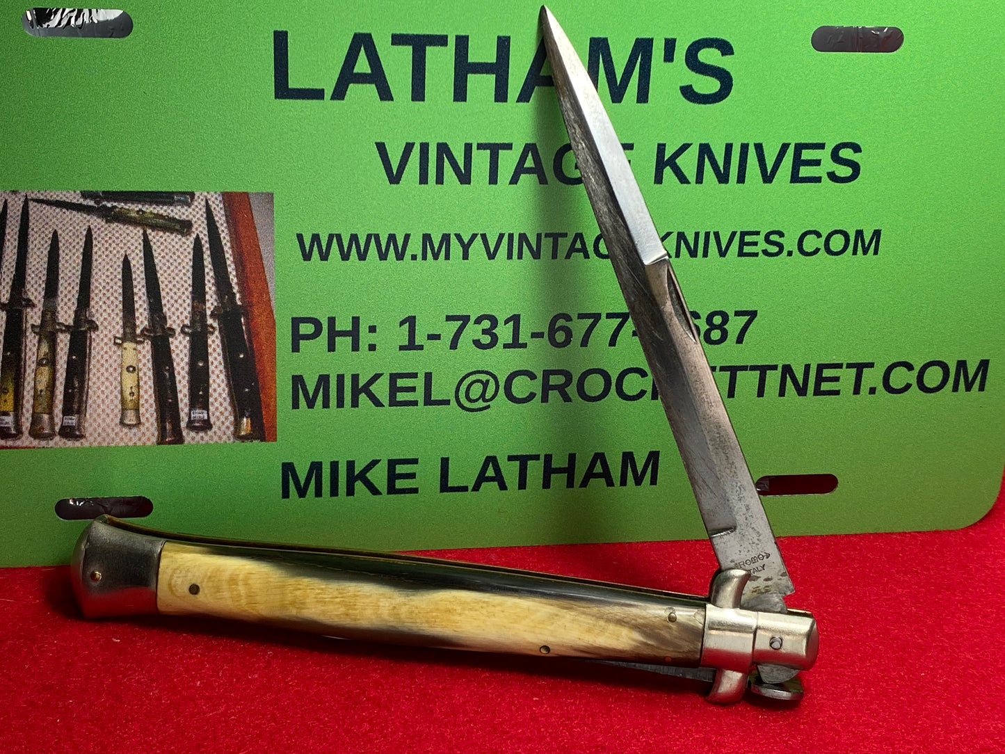 ROMO ITALY 1955-60 HUMP BACK LOCK 33 CM STILETTO MANUAL OPEN KNIFE BRAZILIAN HORN HANDLES