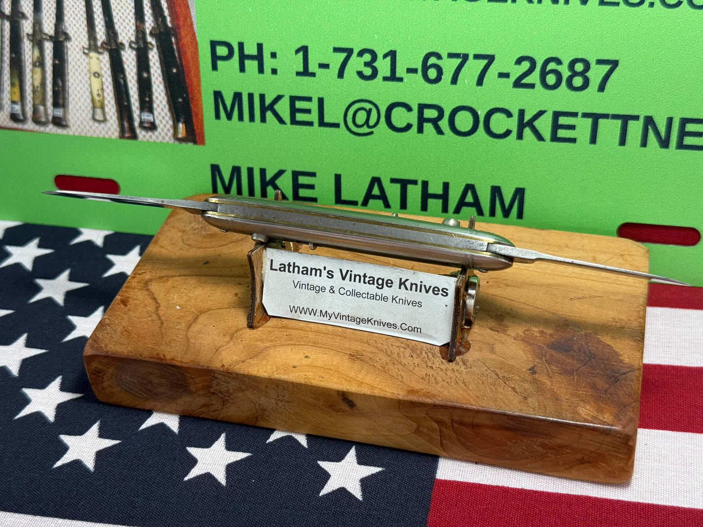 PRESTO GEO. SCHRADE BRIDGEPORT CONN. 1940-1959 TWIN BLADE DOUBLE BUTTON 3 3/8" VINTAGE AMERICAN AUTOMATIC KNIFE METAL HANDLES