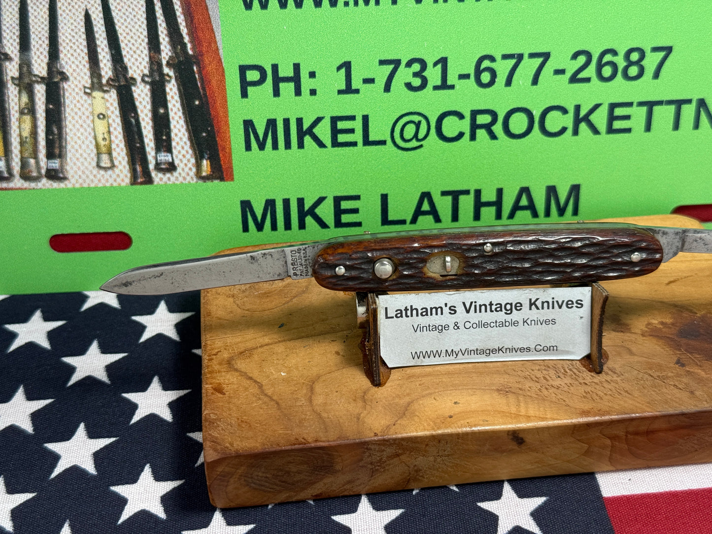 PRESTO GEO. SCHRADE BRIDGEPORT CONN. 1940-59 TWIN BLADE PAT. 30-40 VINTAGE AMERICAN AUTOMATIC KNIFE 3 3/8" DOUBLE BUTTON JIGGED BONE HANDLES