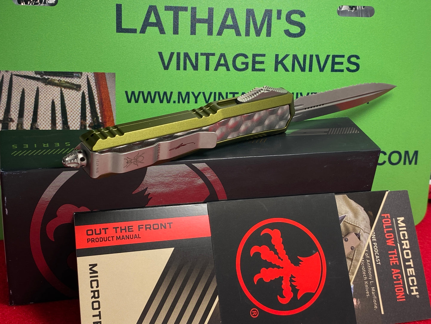 MICROTECH MAKORA D/E 09/2023 SIGNATURE SERIES 206-12 ODBIS STONEWASH BUBBLE INLAY TACTICAL AUTOMATIC KNIFE FULL SERRATED BLADE OD GREEN HANDLES